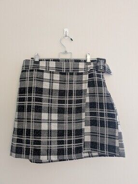 Plaid Wrap Mini Skirt in Black and White